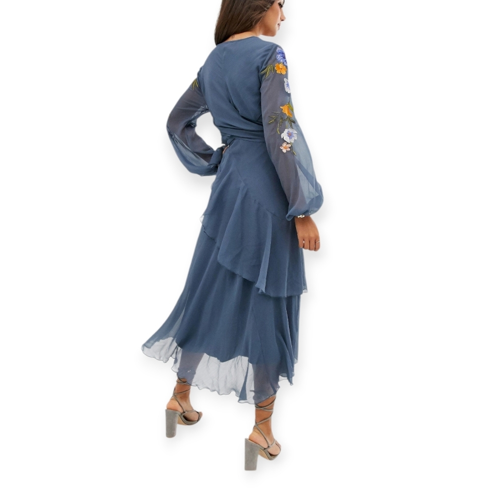 ASOS Blue Floral Embroidered Wrap Style Midi Dress US 12 - Picture 2 of 6